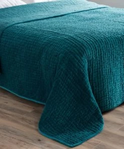 Maisons Du Monde Couvre-lits Boutis En Velours De Coton Bleu Canard Motif Surpiqué 240x260