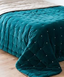 Maisons Du Monde Couvre-lits Boutis Réversible En Velours Bleu Canard Et Beige 240x260