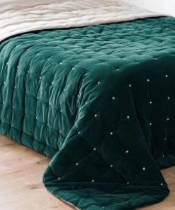Maisons Du Monde Couvre-lits Boutis Réversible En Velours De Coton Vert émeraude 240x260