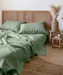 Carré Blanc Draps Plats Drap De Lit Lin Lavé Uni Eucalyptus 270 X 290 Cm