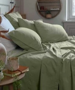 Carré Blanc Draps Plats Drap De Lit Pur Coton Lavé Biologique Sauge 240 X 300 Cm