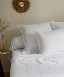 Carré Blanc Draps Plats Drap De Lit Satin De Coton Jacquard Pois Et Rayures Blanc 240 X 300 C