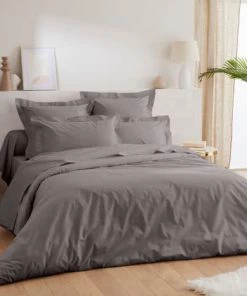 Ligne Du Blanc Draps Plats Drap Plat Uni Percale De Coton 80 Fils 270x300 Gris Perle