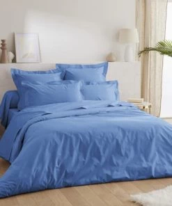 Ligne Du Blanc Draps Plats Drap Plat Uni Percale De Coton 80 Fils 270x300 Pervenche