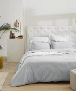 Ligne Du Blanc Draps Plats Drap Plat Uni Satin De Coton 120 Fils 270x300 Gris Perle