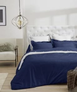 Ligne Du Blanc Draps Plats Drap Plat Uni Satin De Coton 120 Fils 270x300 Marine